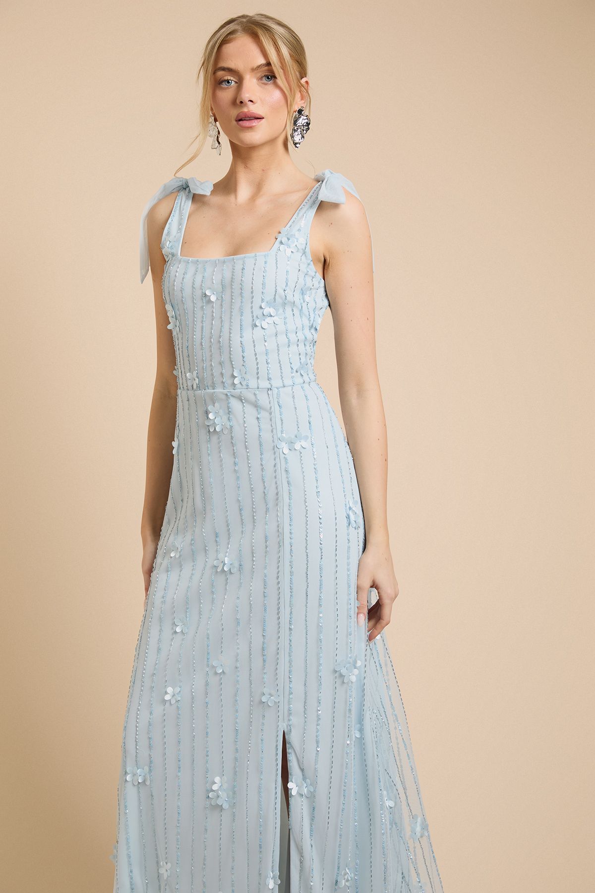 Oasis 3D Floral Linear Beadwork Tie Shoulder Dress