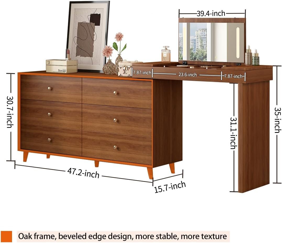 Vanity Desk with Mirror and Lights, Vintage 6 Drawer Dresser Desk Combo for Women with 50-90 in Adjustable L-Shape Makeup Table, Vanity for Bedroom with Jewelry and Cosmetics Storage Space,Walnut
