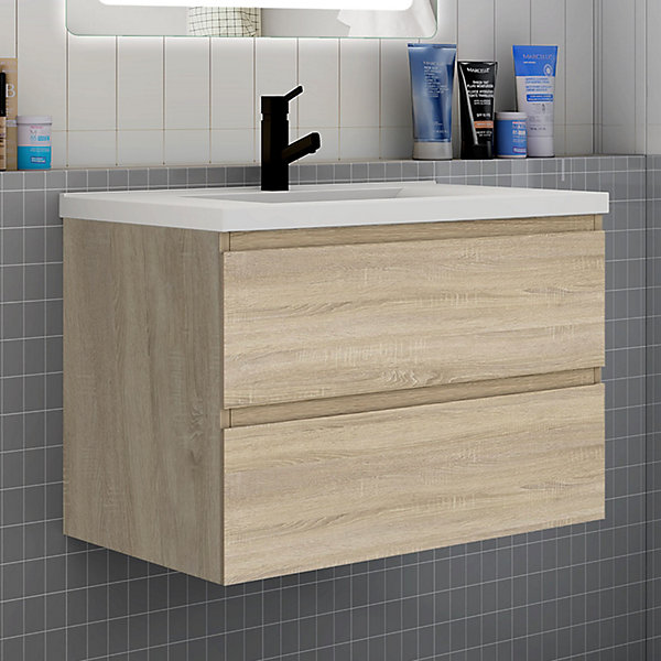 Ensemble meuble chêne et vasque L.80cm 2 tiroirs   colonne haute   lavabo   miroir 80x60cm-suspendu