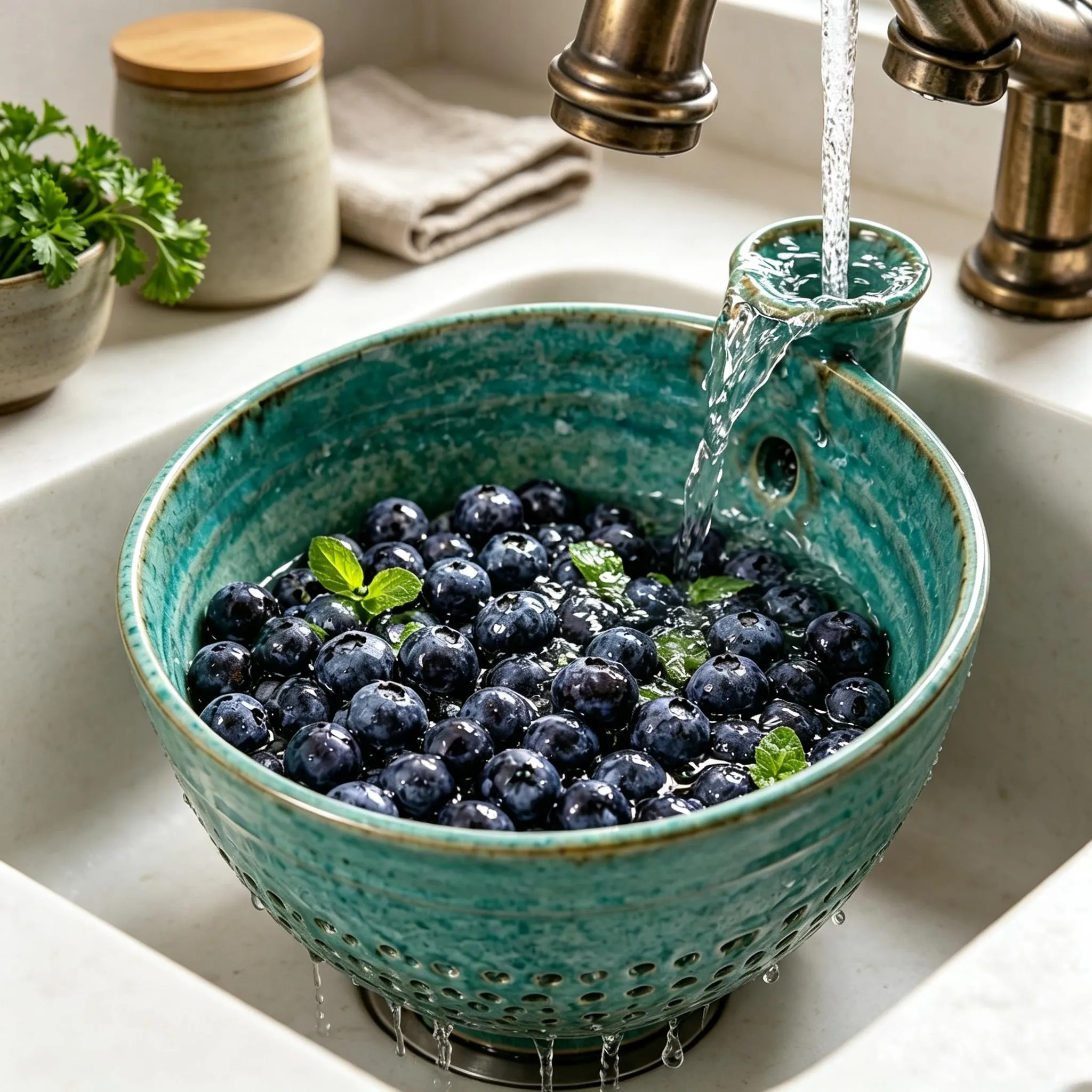 Kiln Fired Ceramic Berry Drain Bowl, Perforated Fruit Filter Tray, Rotating Wash Colander, Kitchen Decor Gift Birthday Present