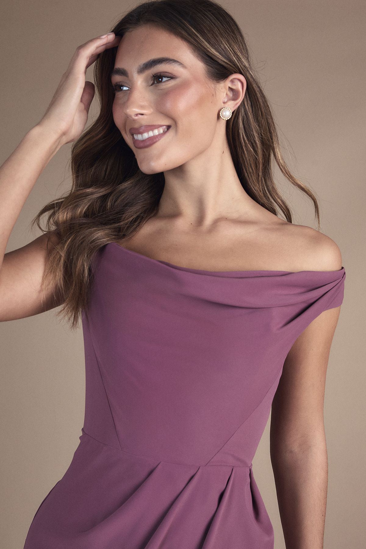 Coast Crepe Bardot Ruched Maxi Bridesmaid Dress