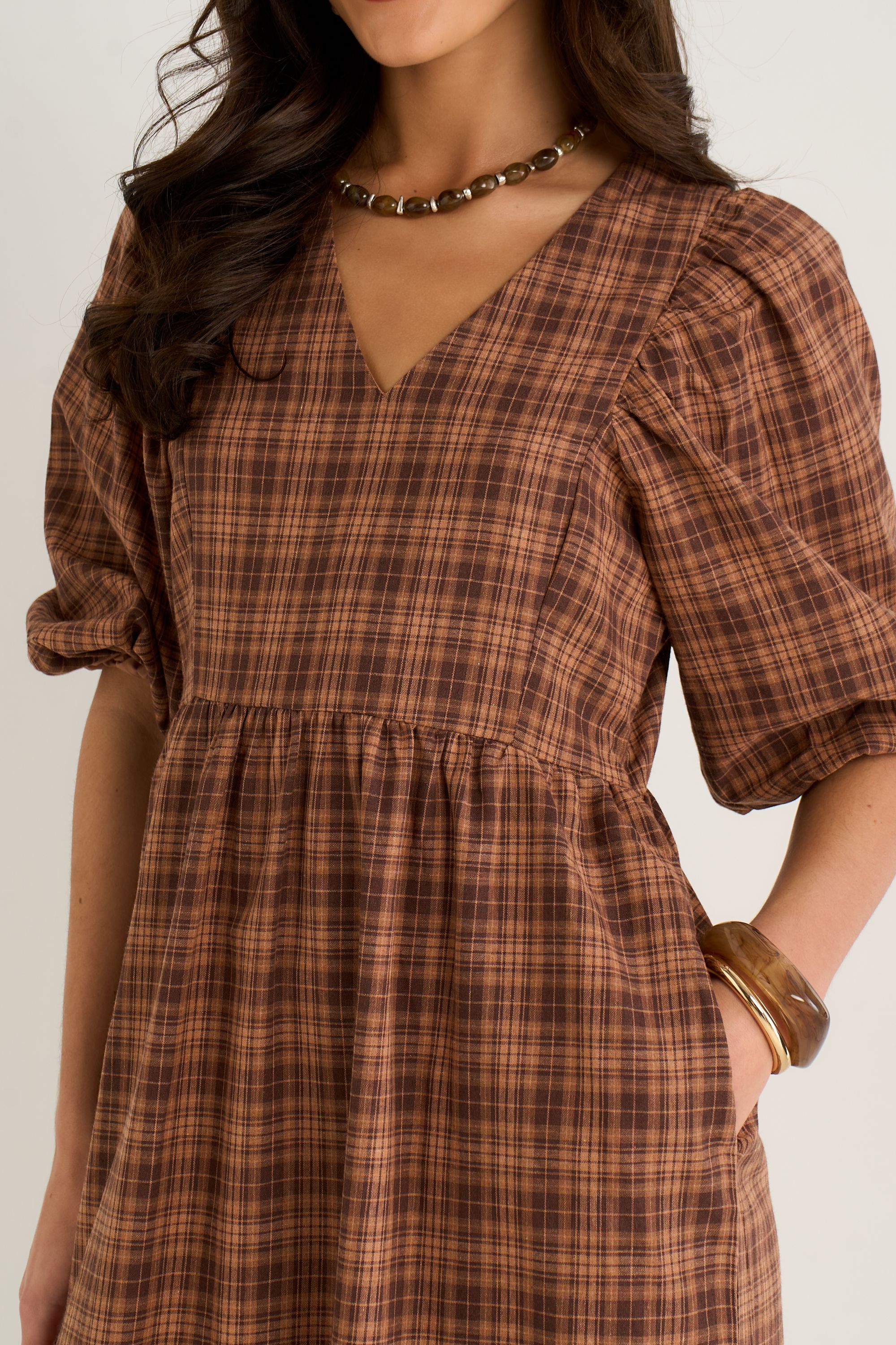 Gini London Brown Cotton Puff Sleeves V Neck Midi Dress