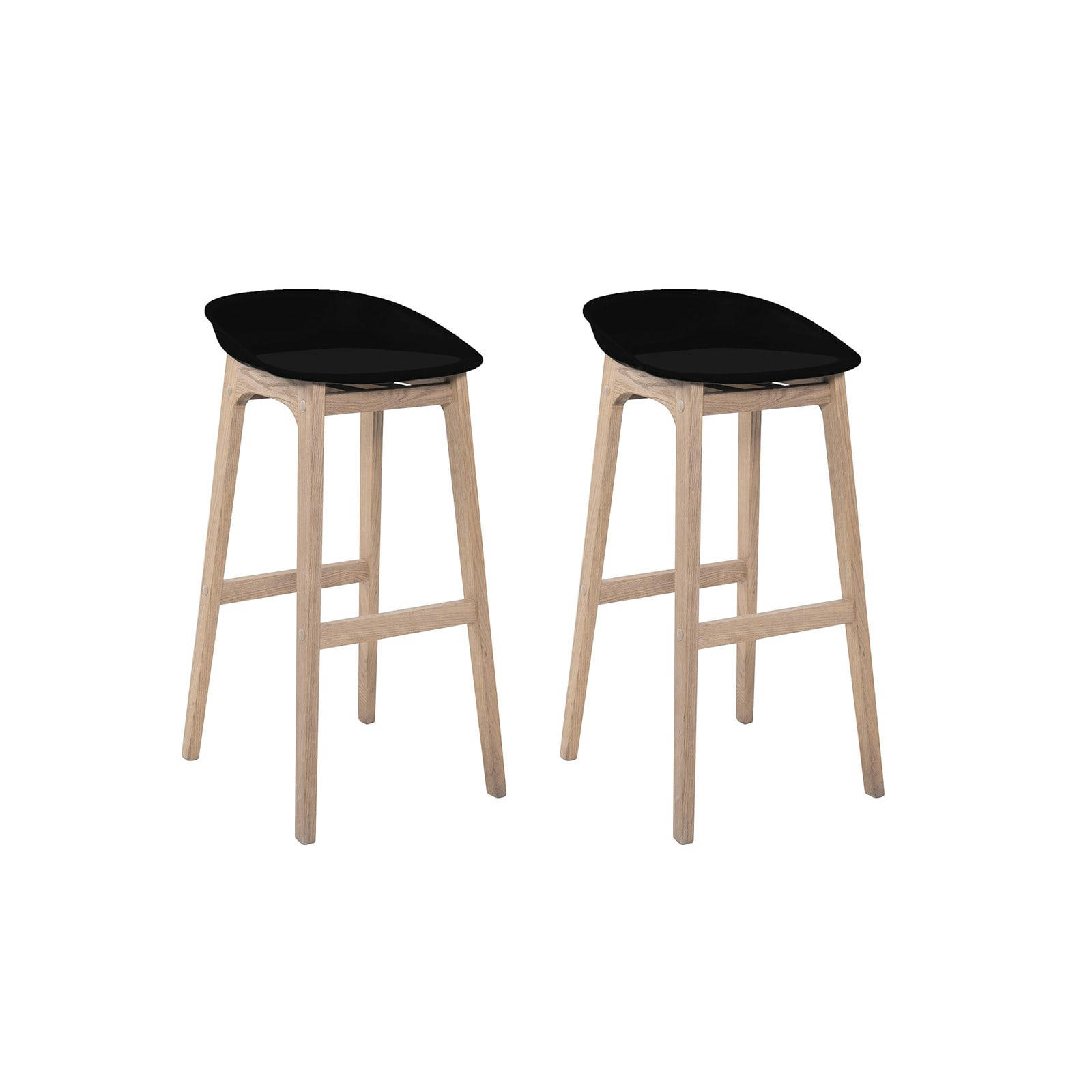 RIVA - Tabourets d'ilot 75cm  pieds chêne assise plastique noire - Lot de 2