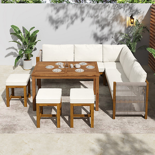 Ensemble de salle à manger de jardin 7-8 places - canapé d'angle, 3 tabourets et 1 table - acacia - marron