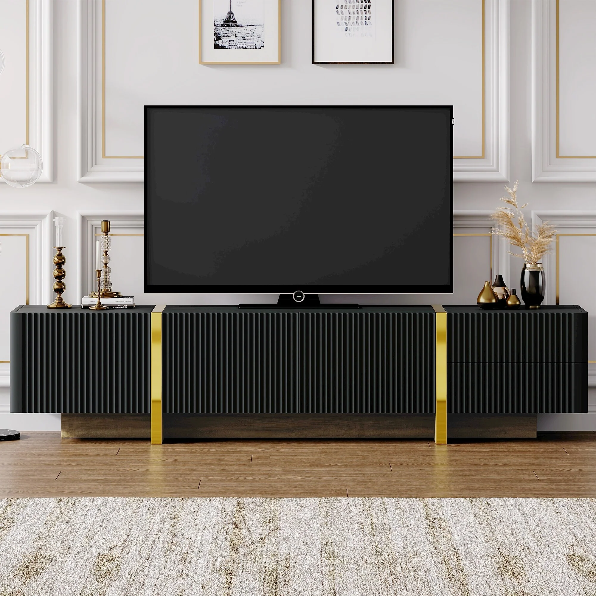 Black 74 TV Stand with Cabinets, Drawers & Gold Legs for TVs Up to 80