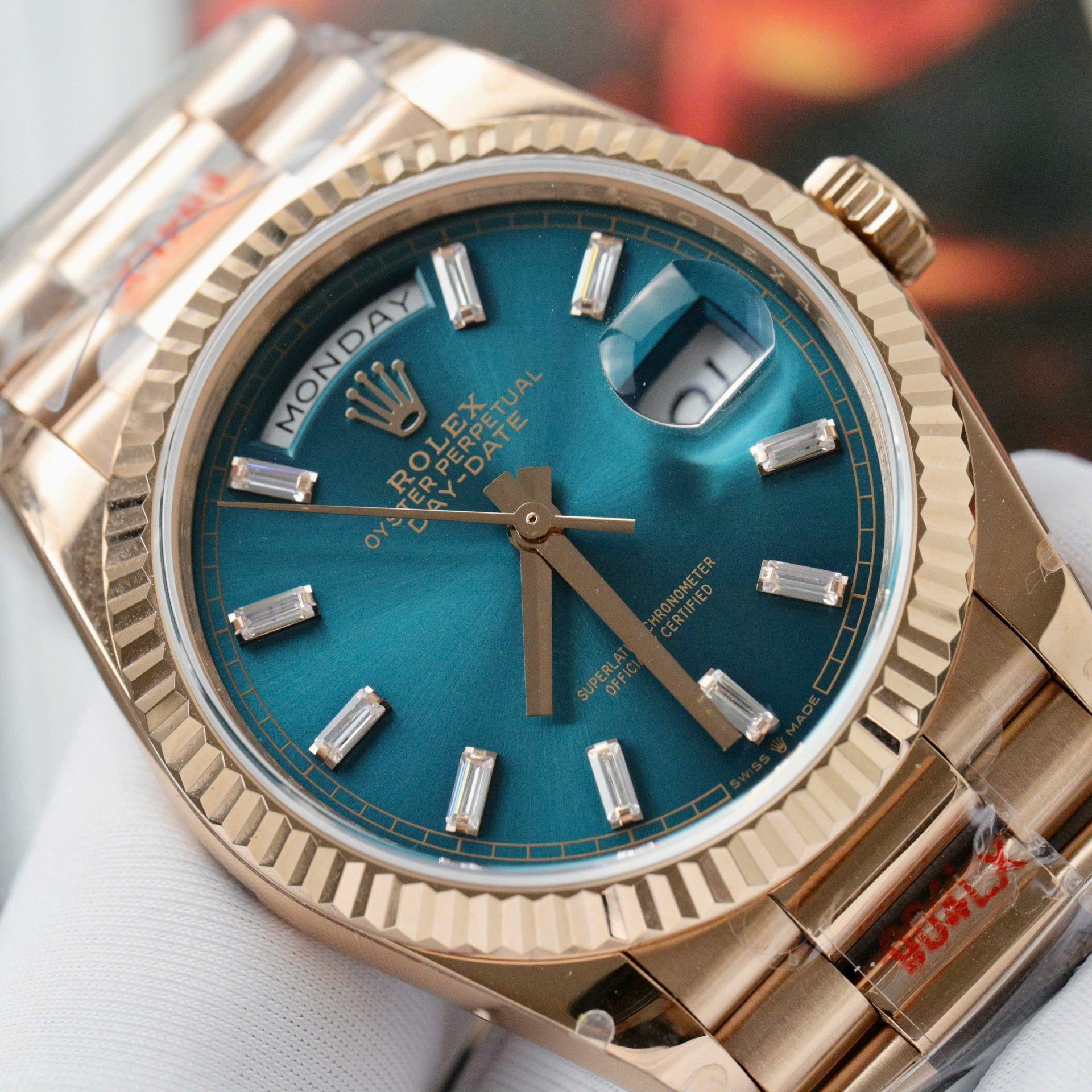 Rolex Day-Date 128235 RG Plated Blue Dial CZ Diamonds 36mm Super Clone
