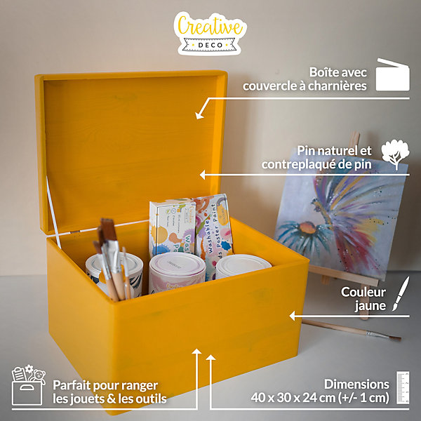 Creative Deco Boite de Rangement en Bois Jaune 40 x 30 x 24 cm ( /- 1 cm) - Avec Couvercle - Boîte à Souvenirs - Boîte à Jouets