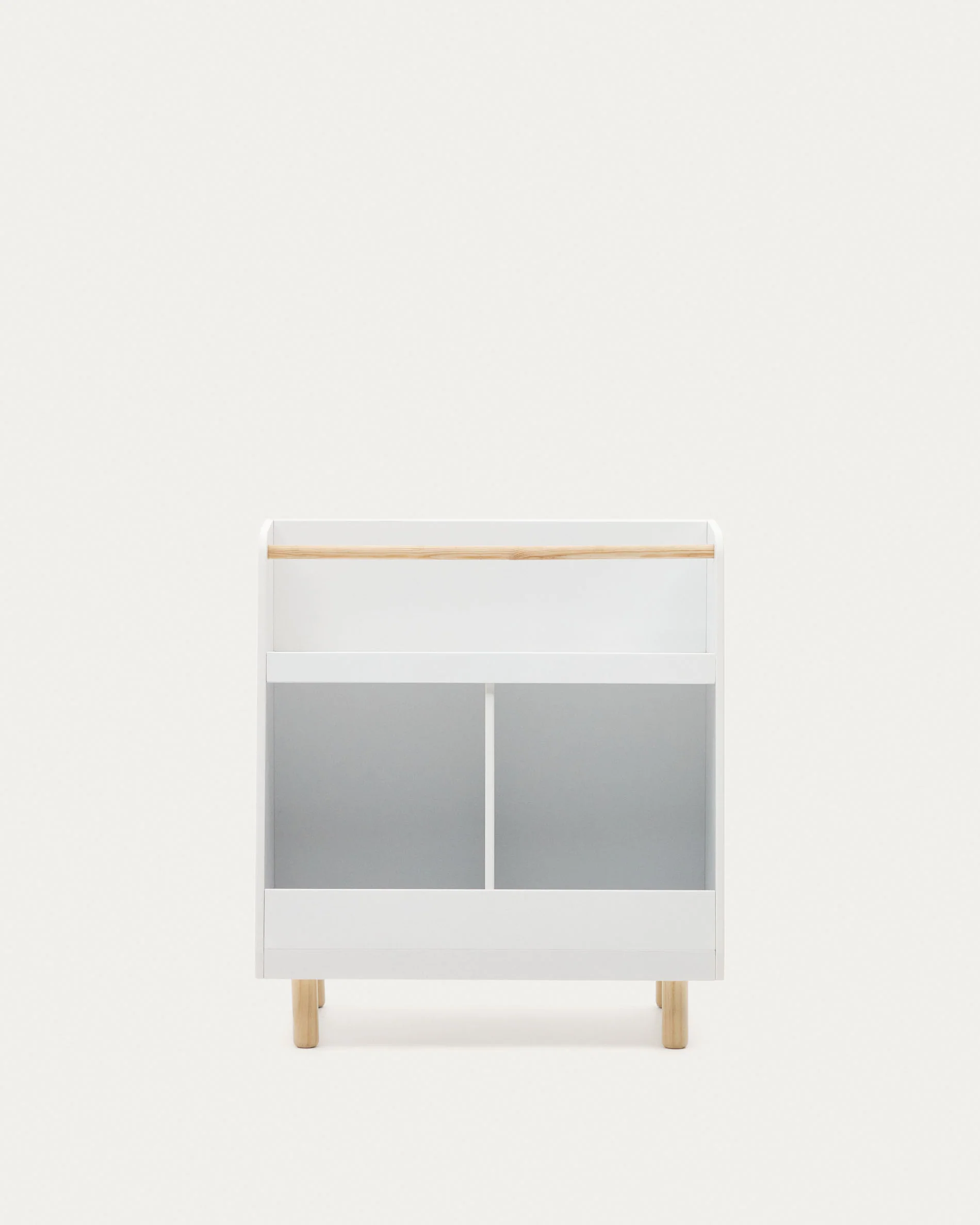 Serwa bookcase in white MDF with solid pine legs and bar