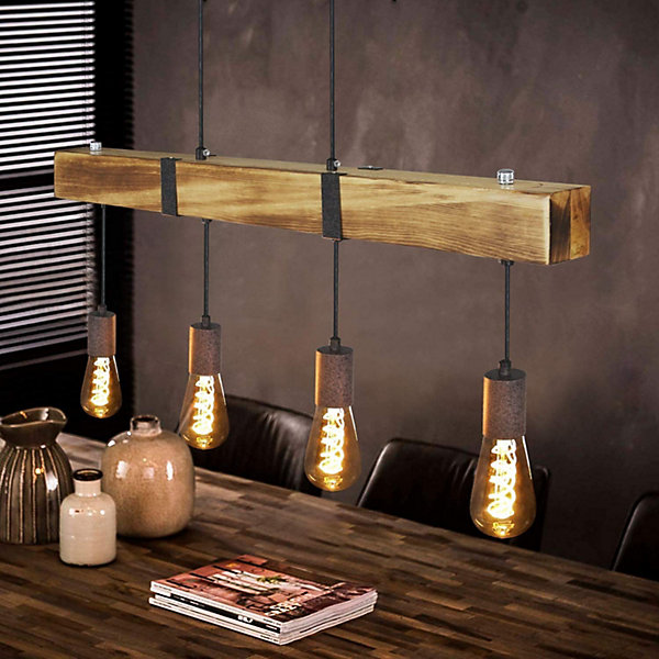 NETTLIFE Suspension 4 ampoules E27 Diam.80cm rétro avec poutre en bois Vintage pour salle à manger cuisine max.25W