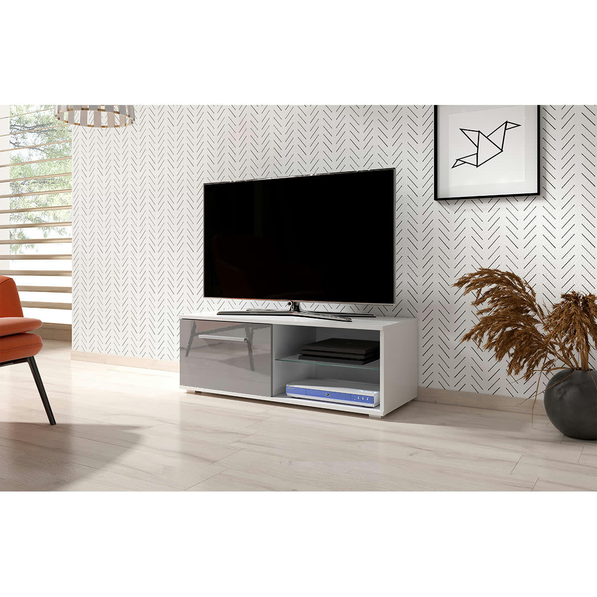 - Meuble tv 1 porte 100 cm blanc et gris