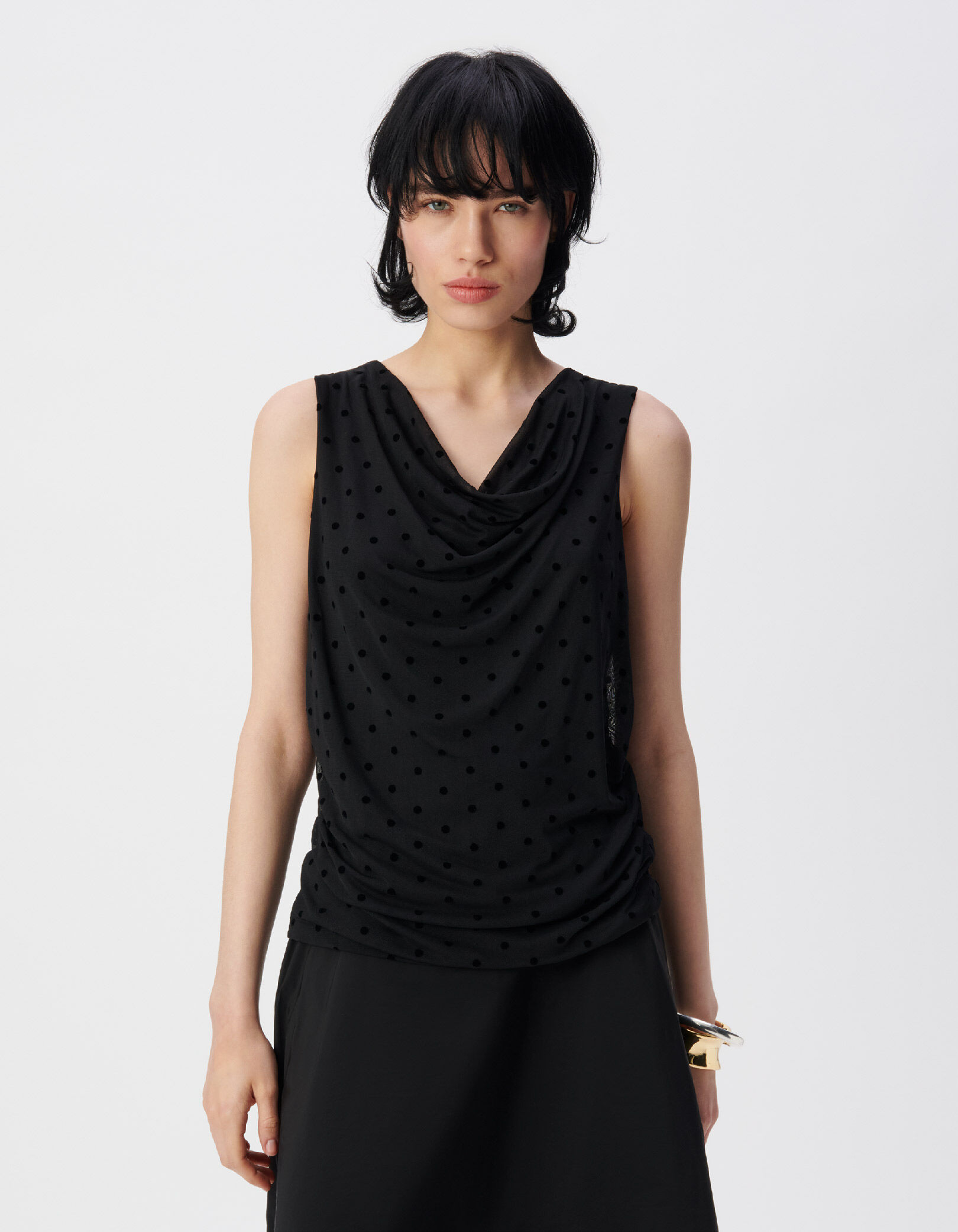 Tee-shirt sans manches noir résille motif pois Femme