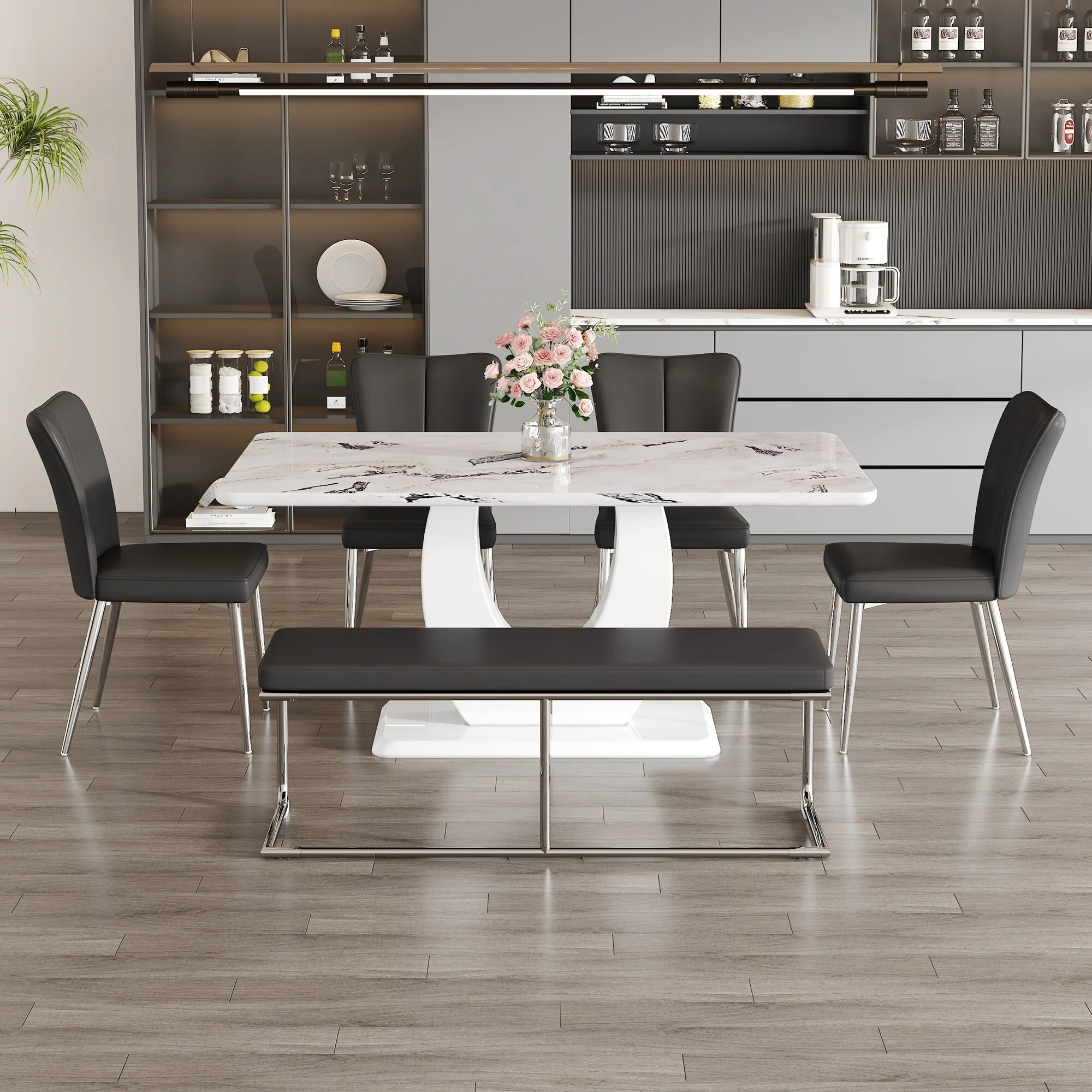 Modern Style 6-Piece Dining Set with Rectangular Table and 4 PU Upholstered Dining Chairs and Bench