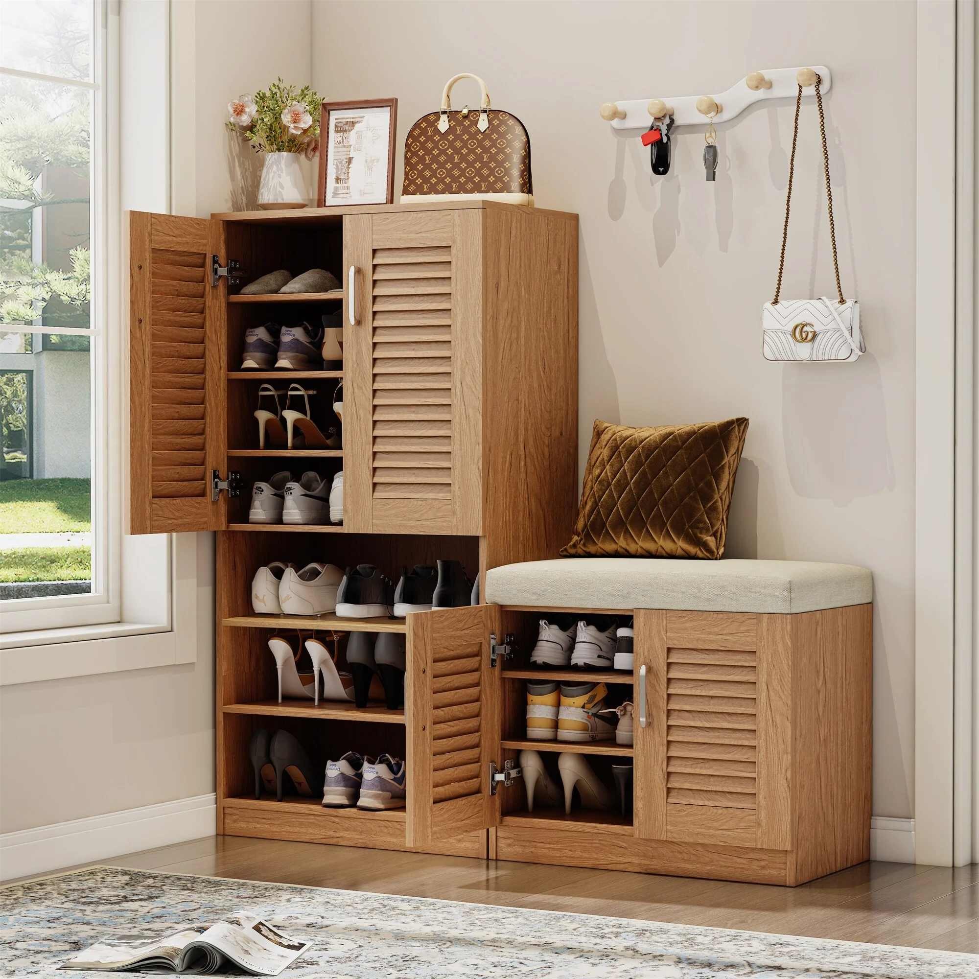 Wood Shoe Storage Cabinet with Bench and Adjustable Layer Board