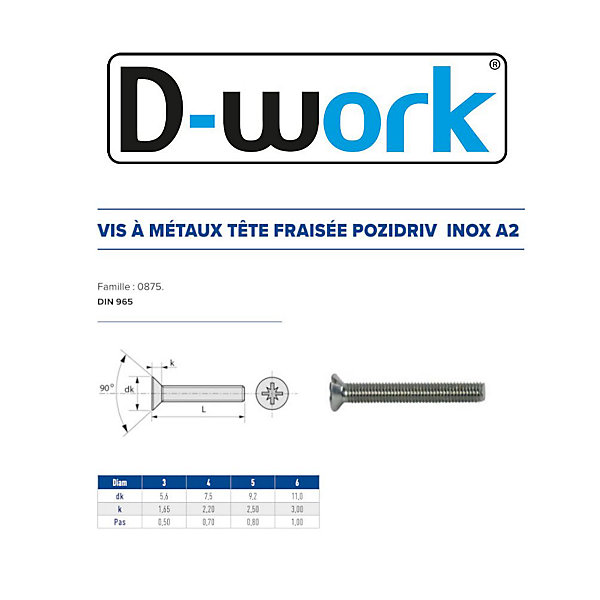 200 Vis Métaux Tête Fraisée Pozidriv 5 x 40 mm - DIN 965 - Inox A2 - D-Work