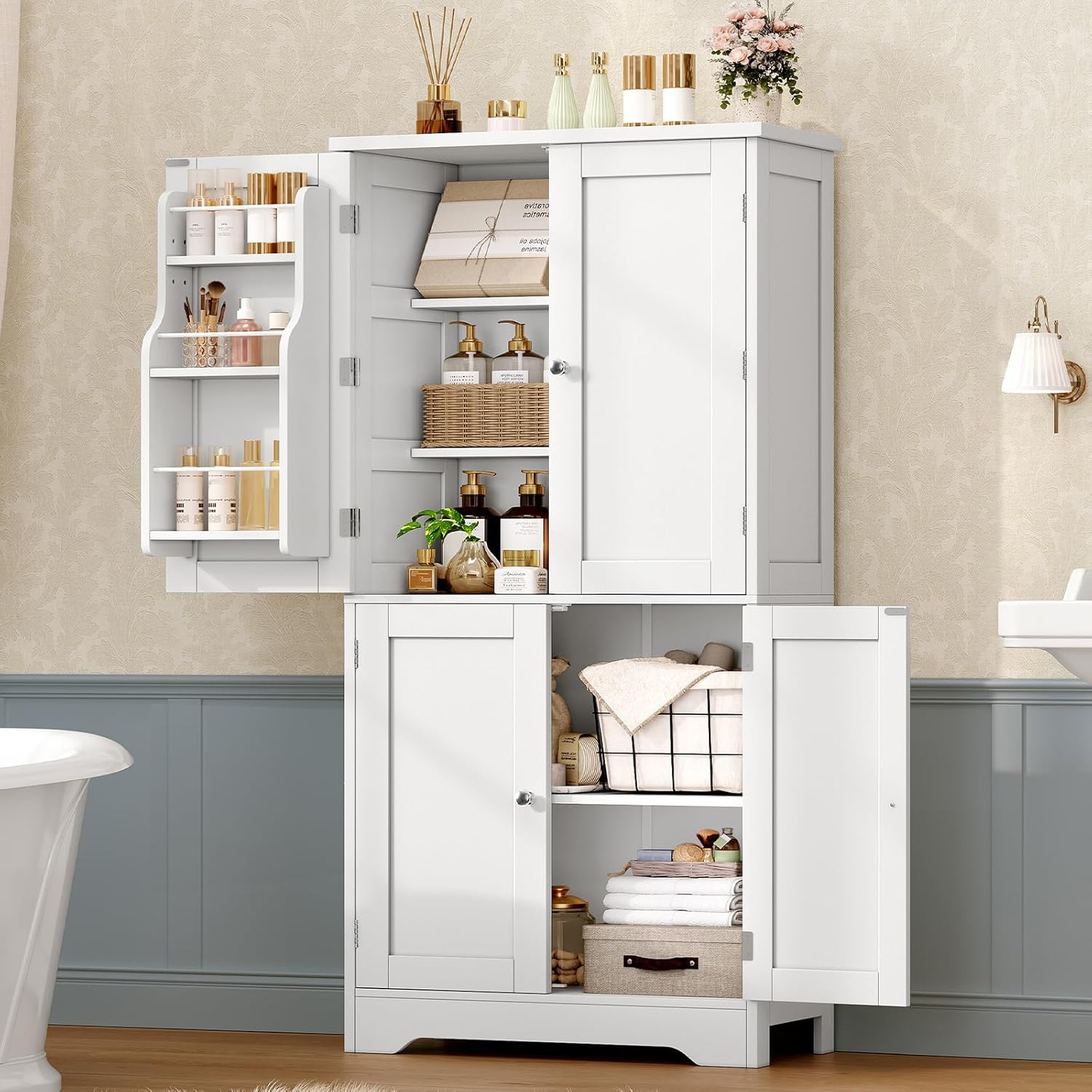TEENFON 51 H Pantry Cabinet with 4 Doors, Kitchen Cabinet with 6 Door Shelves, Storage Cabinet for Living Room, Dining Room, Bathroom, White