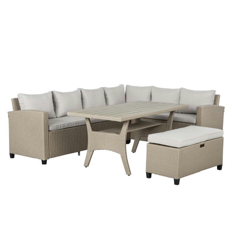 MELROSE - Salon de jardin en résine tressée 7 places coussins beige