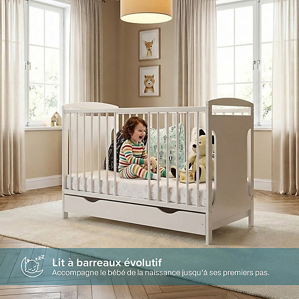 Lit bébé évolutif avec tiroir Margot 60x120 cm (matelas non inclus) Blanc