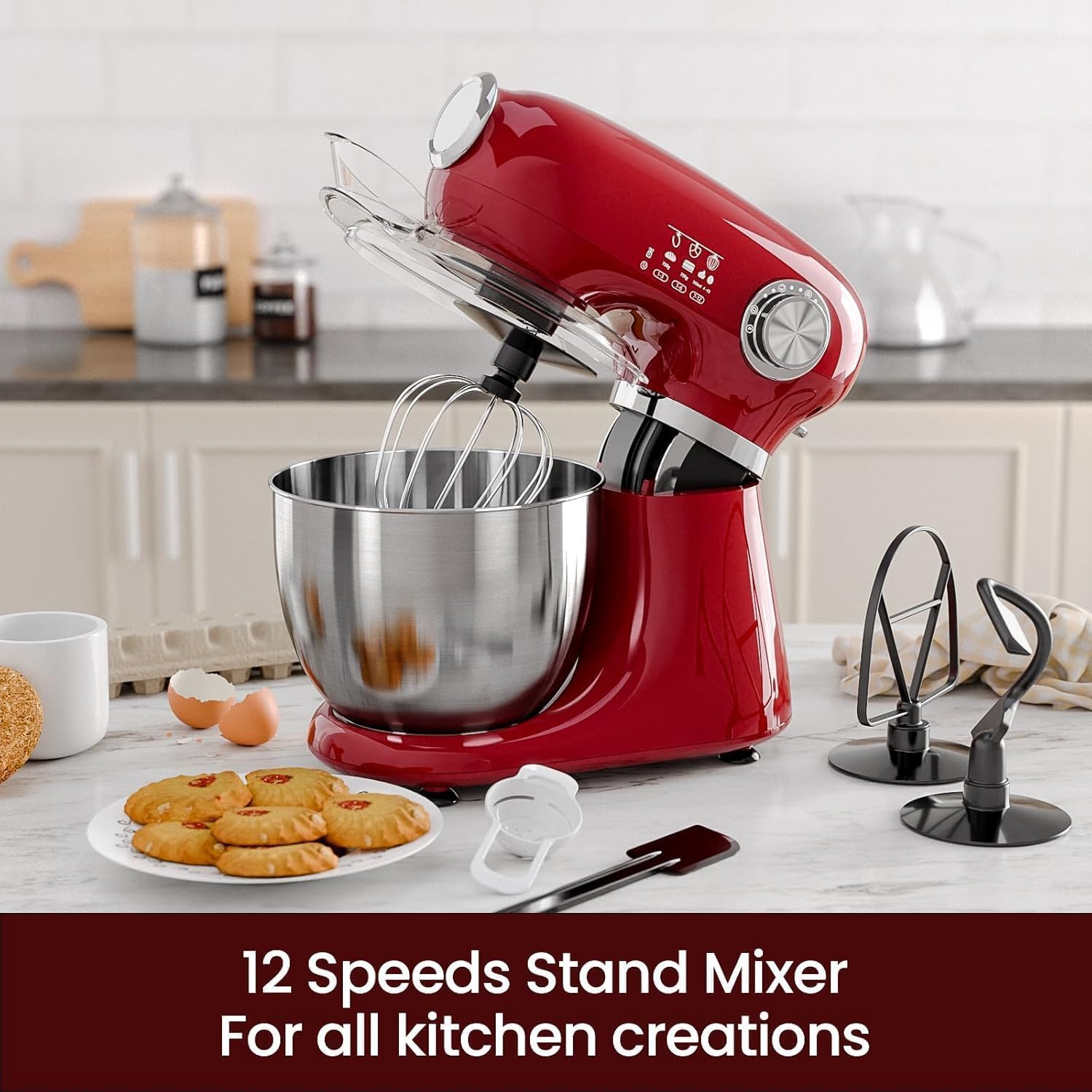 Kismile 5.5QT Tilt-Head Stand Mixer, 12-Speed Electric Mixer with 304 Stainless Steel Bowl - Includes Whisk, Dough Hook, Beater for Baking Bread, Cakes, Cookies（Red）