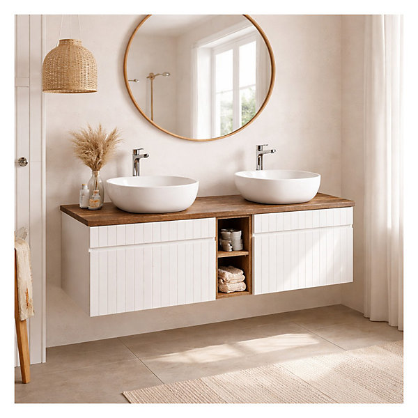 Ensemble ICON blanc : meubles sous vasque 140cm avec niches visibles et plan pour vasque aspect bois foncé