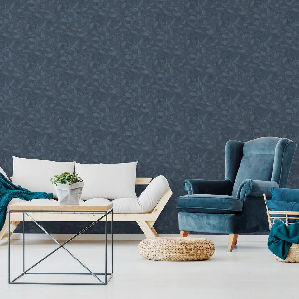 Sanders & Sanders behang getekende bladeren donkerblauw - 53 cm x 10,05 m