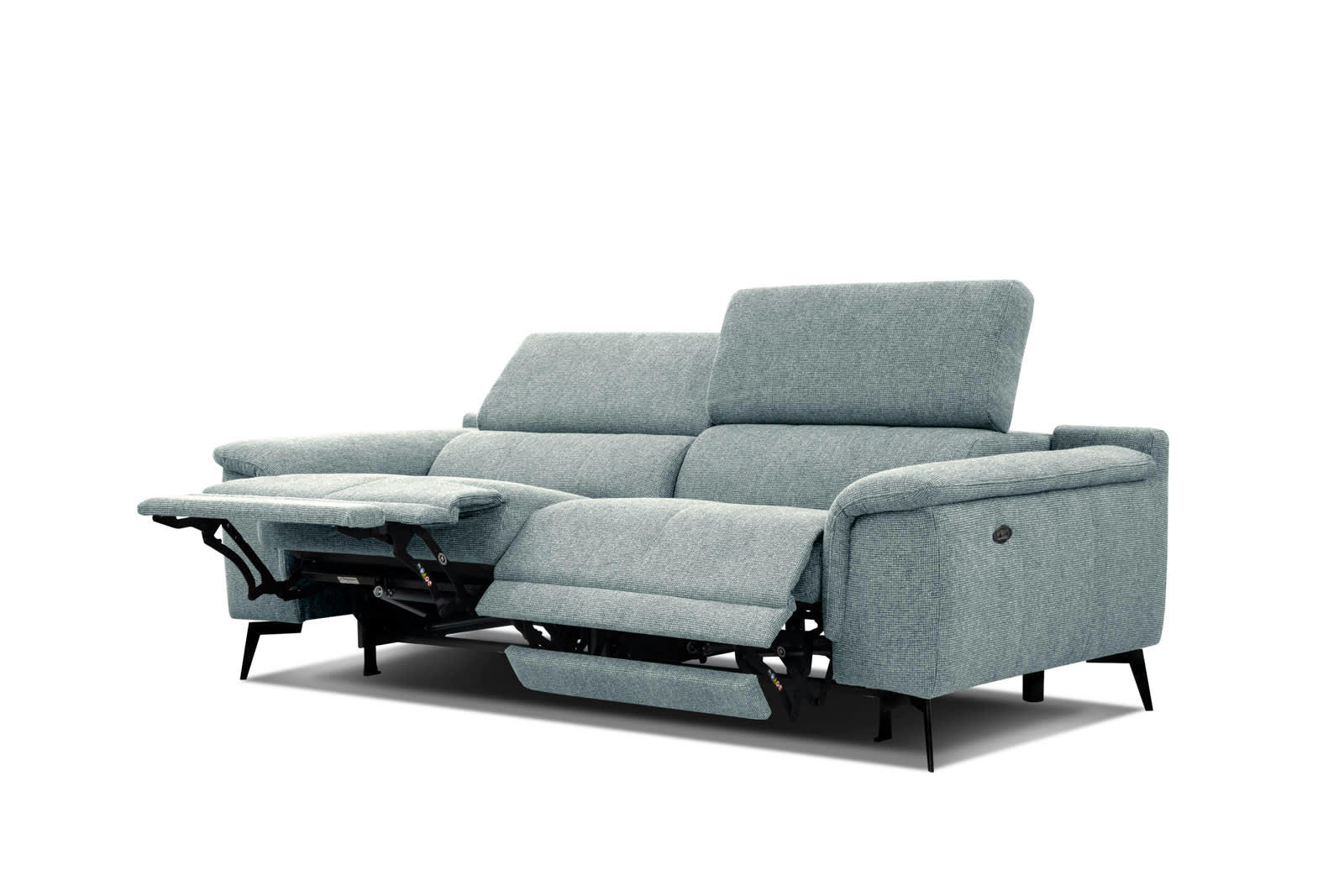 FIERO - Canapé droit 3 places XXL avec 2 relax  électriques tissu bleu clair