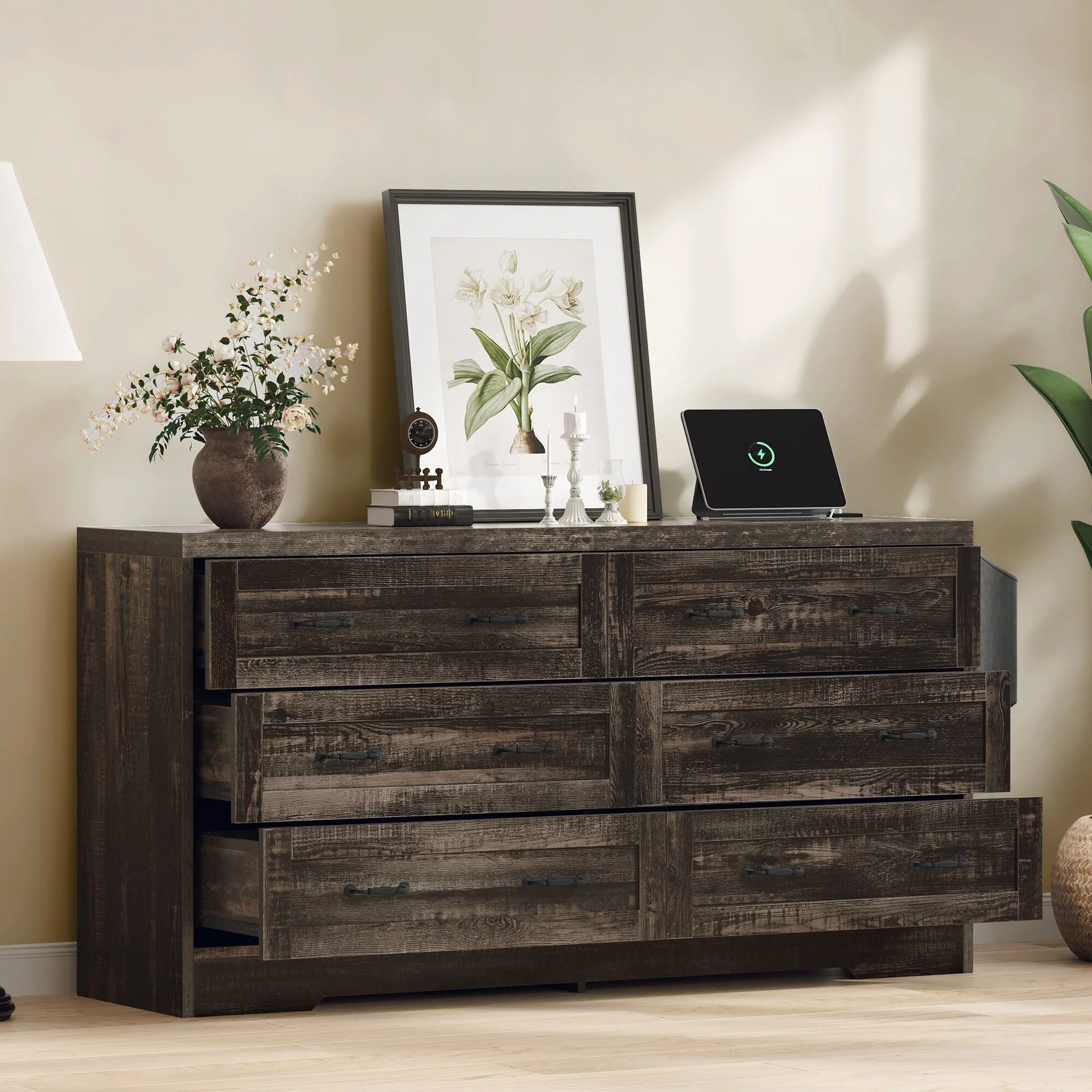 Vintage 6 Drawers Double Dresser Chest of Drawers with Charging Station