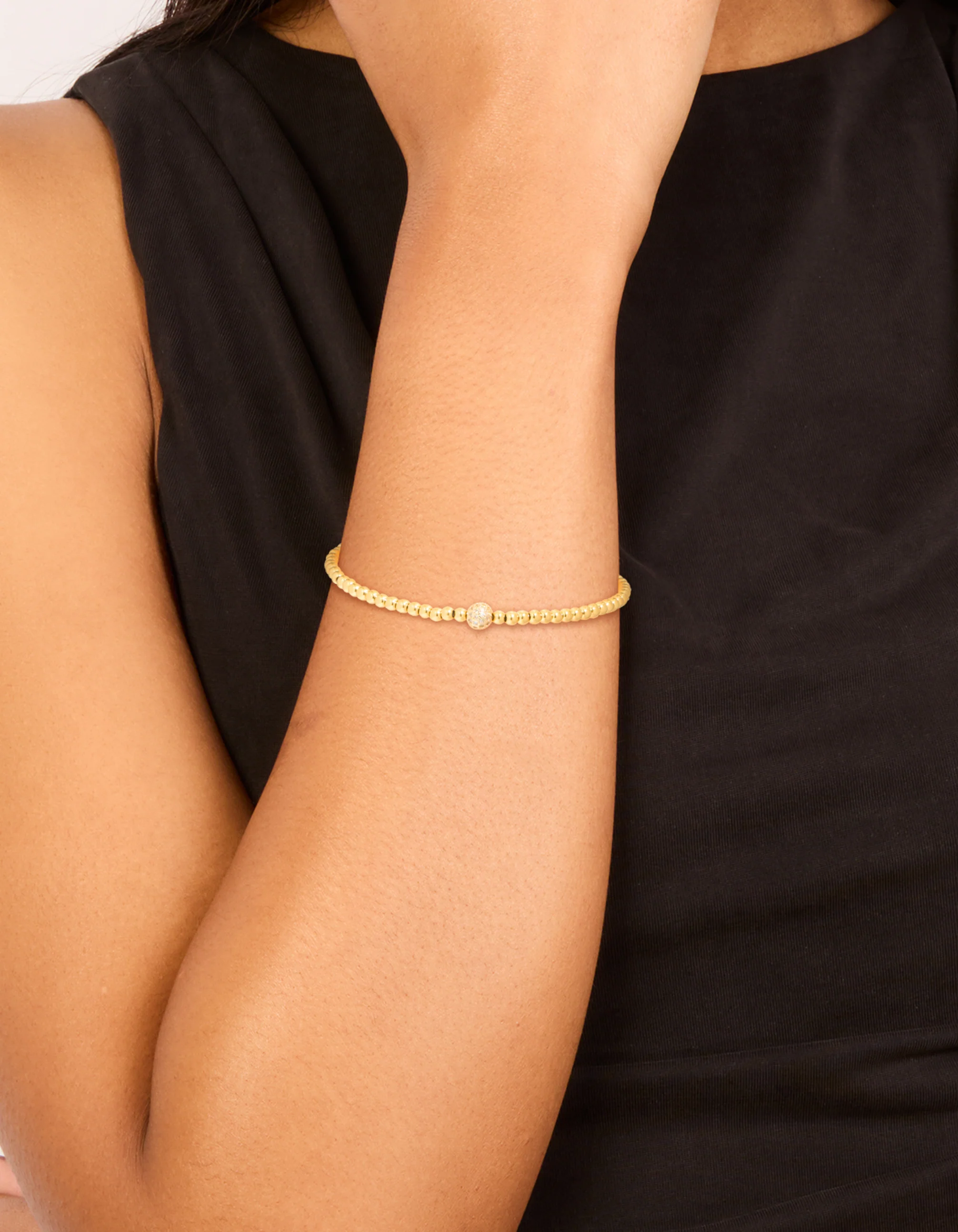 Waterproof Gold Plated Stainless Steel Cubic Zirconia Ball Tennis Stretch Bracelet