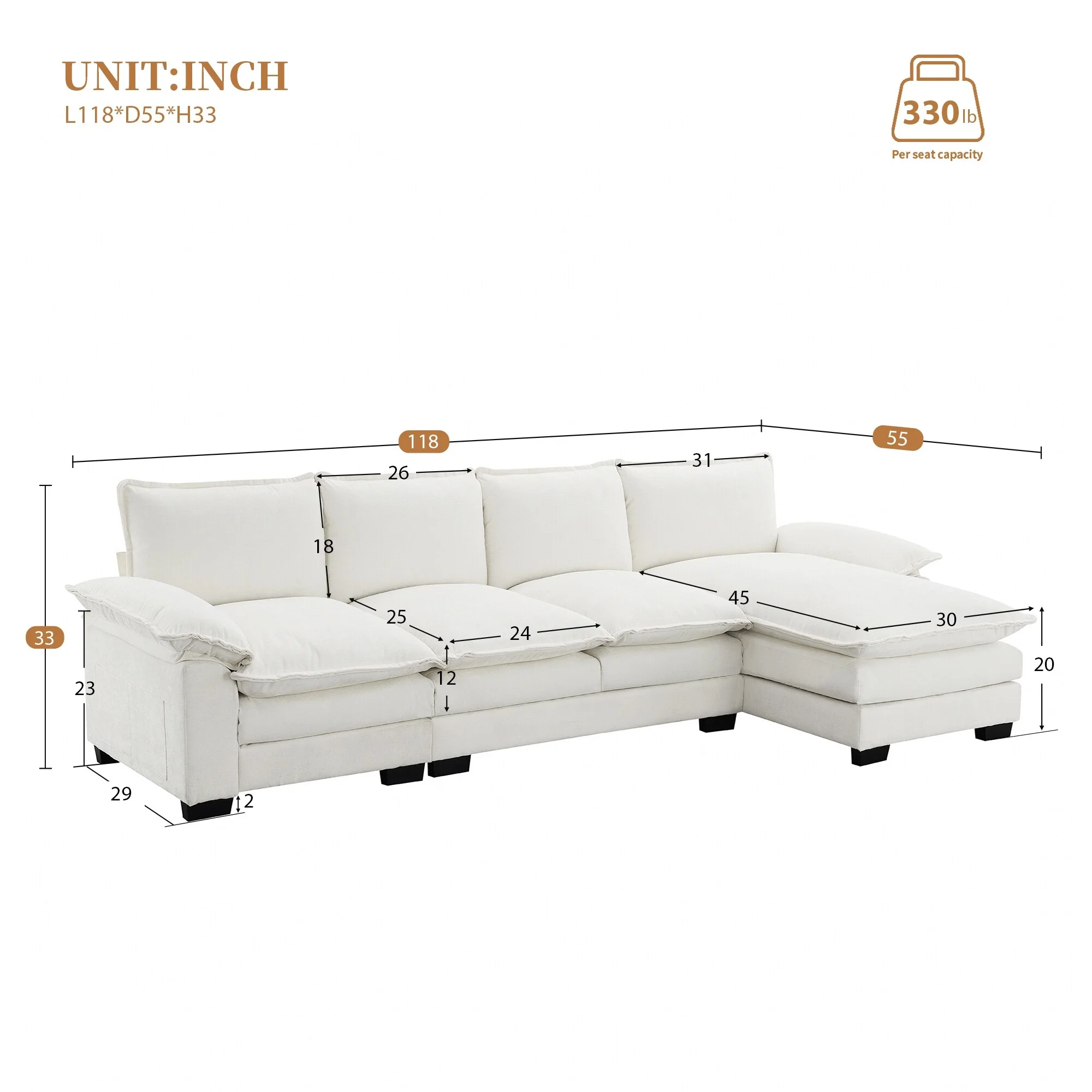 118 Chenille L-Shaped Sectional Sofa with Chaise & Storage