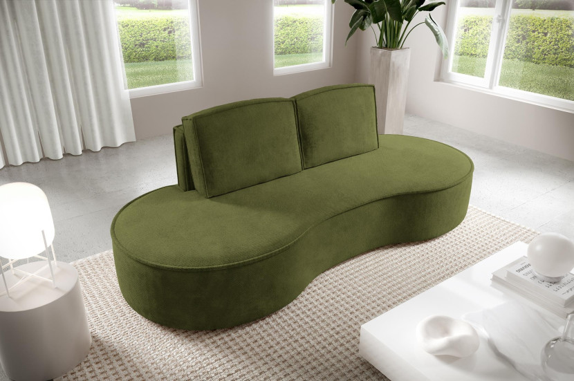 Sofa FLOW o zaokrąglonych bokach z poduszkami zielona w tkaninie Curio