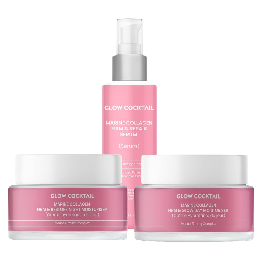 GlowCocktail London Marine Collagen Firm & Repair Serum 30ml   Marine Collagen Firm & Glow Day Moisturiser 50ml   Marine Collagen Firm & Restore Night Moisturiser 50ml