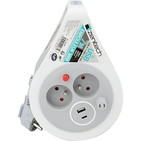 Mini enrouleur H05VV-F 3G1 3 prise de 16A   USB 7m gris