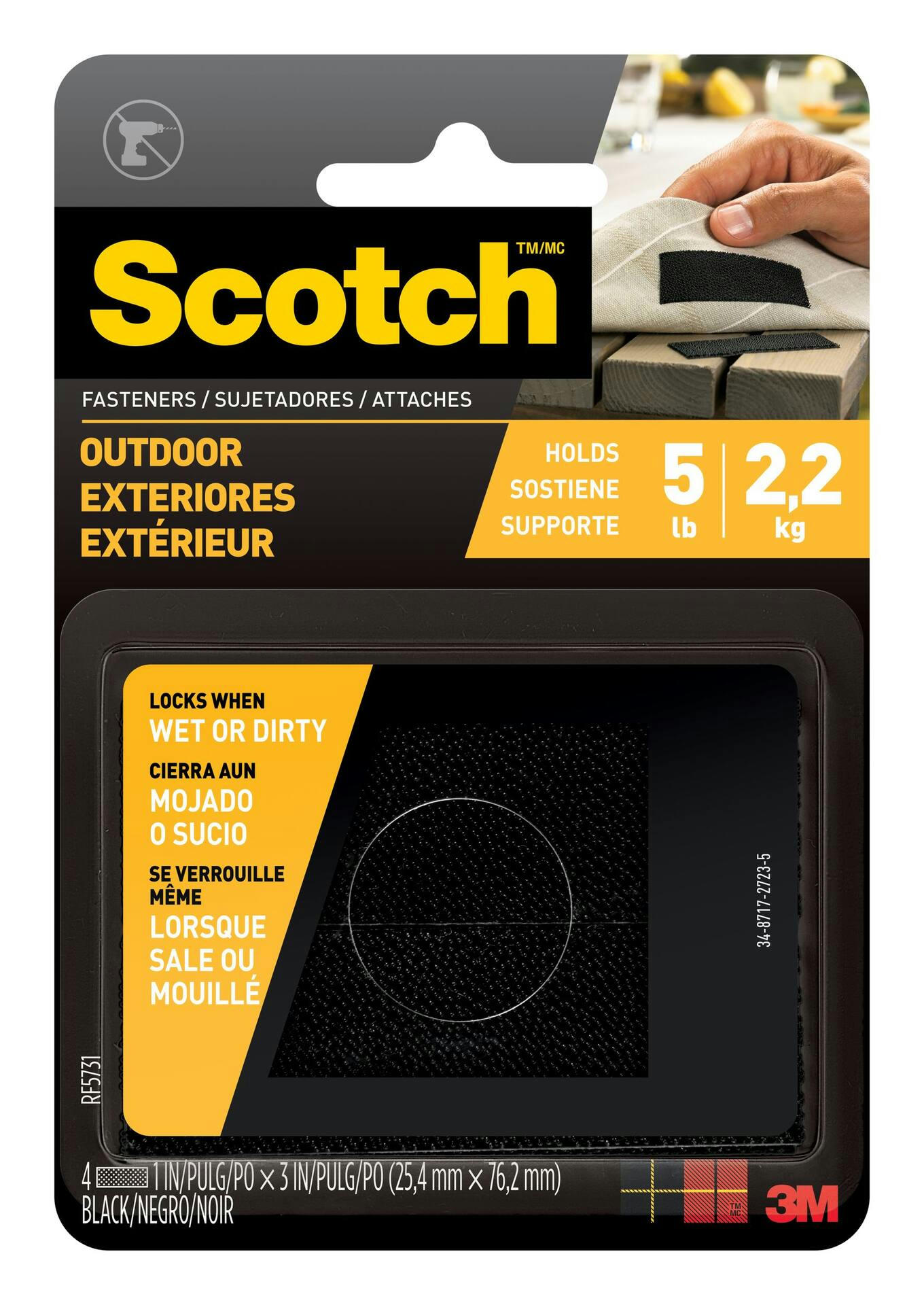 Scotch UV Resistant Outdoor Fasteners, Black, 5-lbs, 1 x 3-in, 4-pk