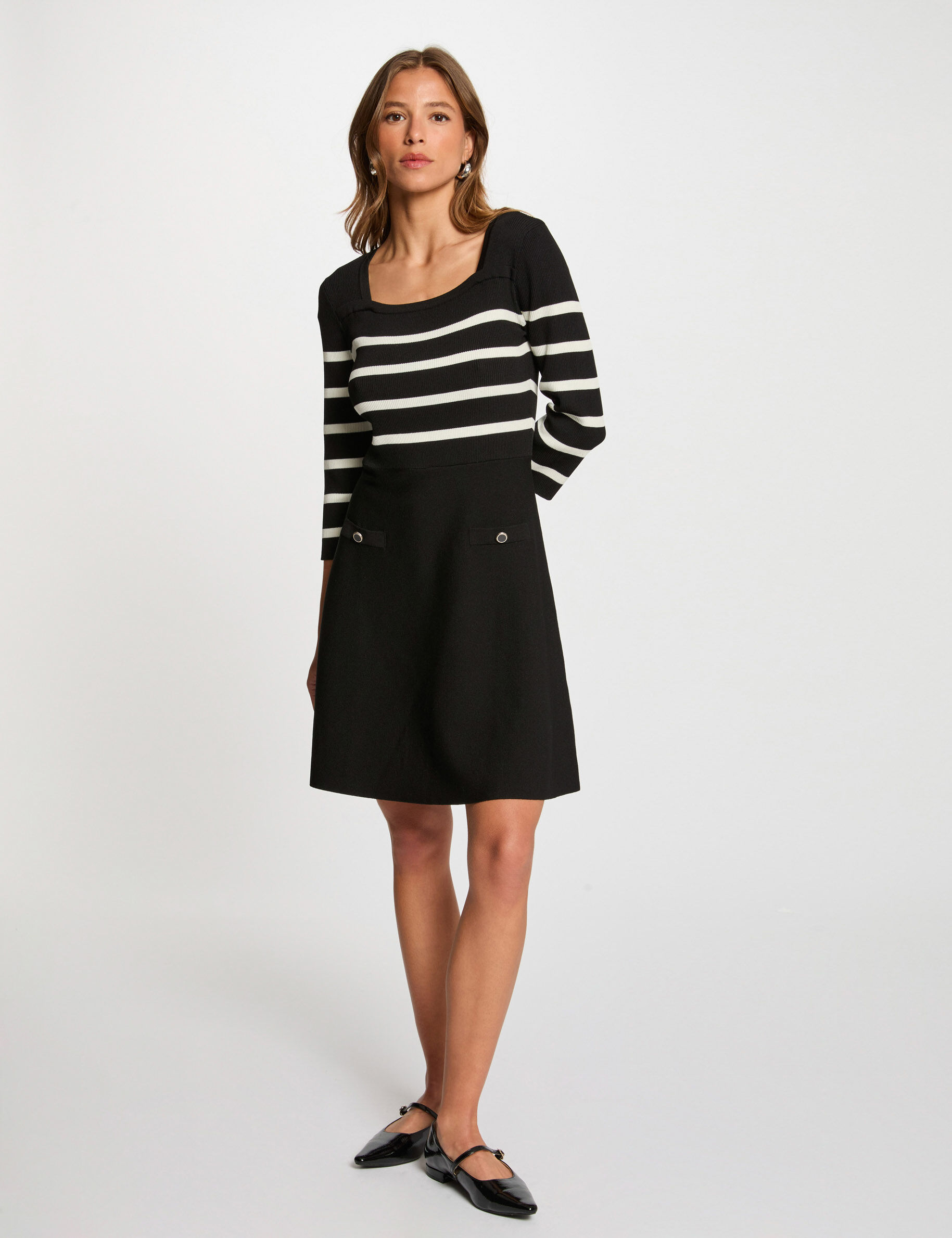 A-Line Striped Knitted Dress Black Women