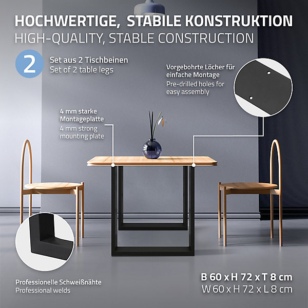 Lot de 2 pieds de table ECD Germany forme rectangulaire 60x72 cm noir acier revêtu par poudre