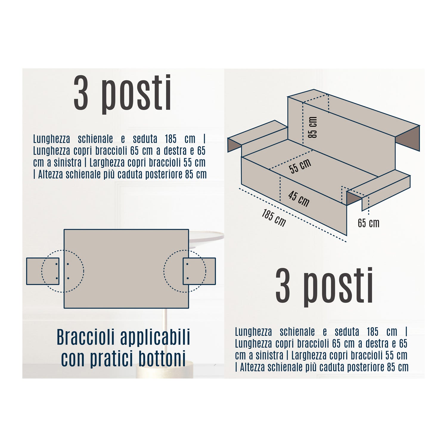Copridivano 3 posti double face microfibra grigio