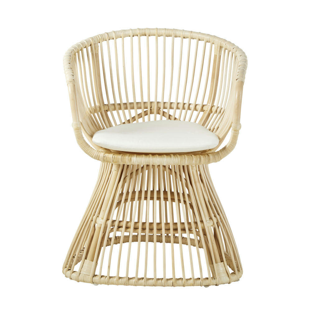 Guava - Chaise avec accoudoirs en rotin et coussin ivoire