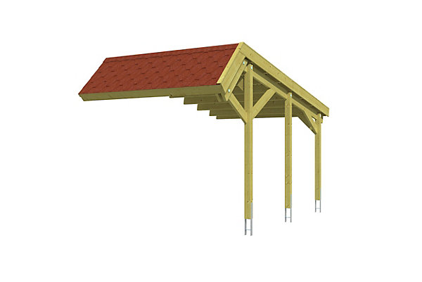Extension pour Carport SKAN HOLZ Harz 303x560cm, avec bardeaux rouges, bois résineux imprégné vert