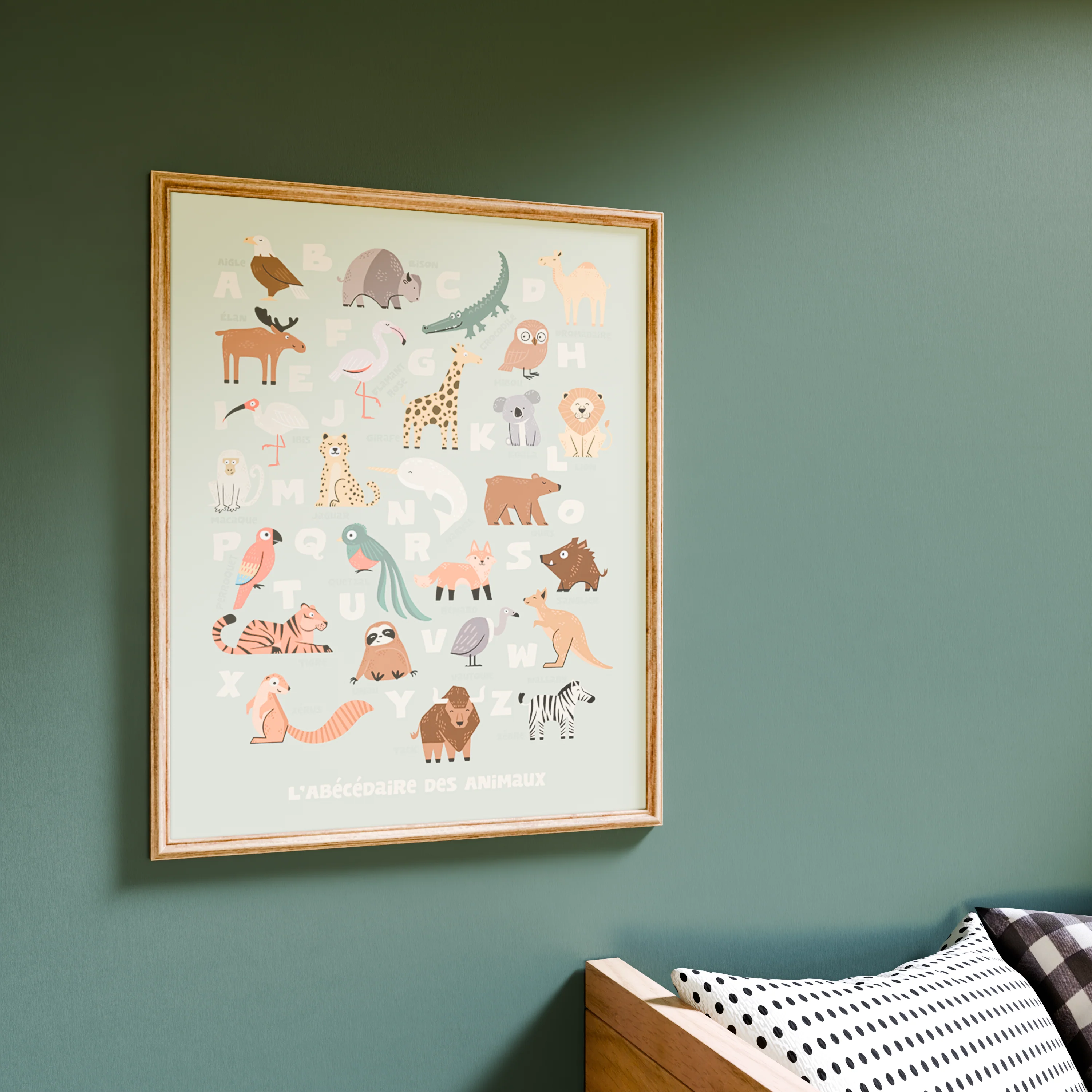 4MURS Image encadrée ABECEDAIRE LA CARTE DES ANIMAUX vert
