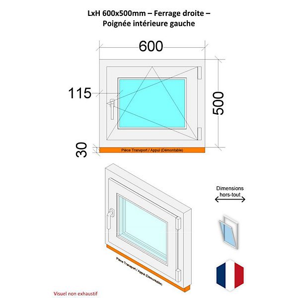 Fenêtre PVC - LxH 600x500 mm -Triple Vitrage - Blanc -poignée à gauche