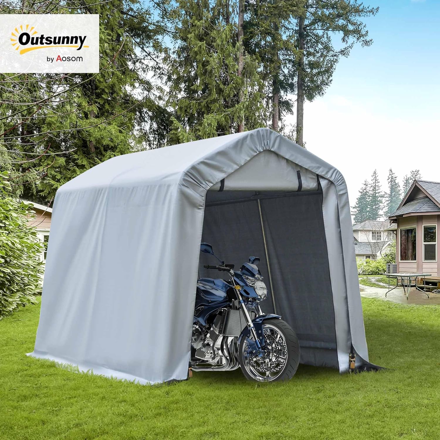 Outsunny 6' x 8' Carport Portable Garage, Heavy Duty Storage Tent, Patio Storage Shelter w/Anti-UV PE Cover and Double Zipper Doors, for Motorcycle Bike Garden Tools, Light Gray