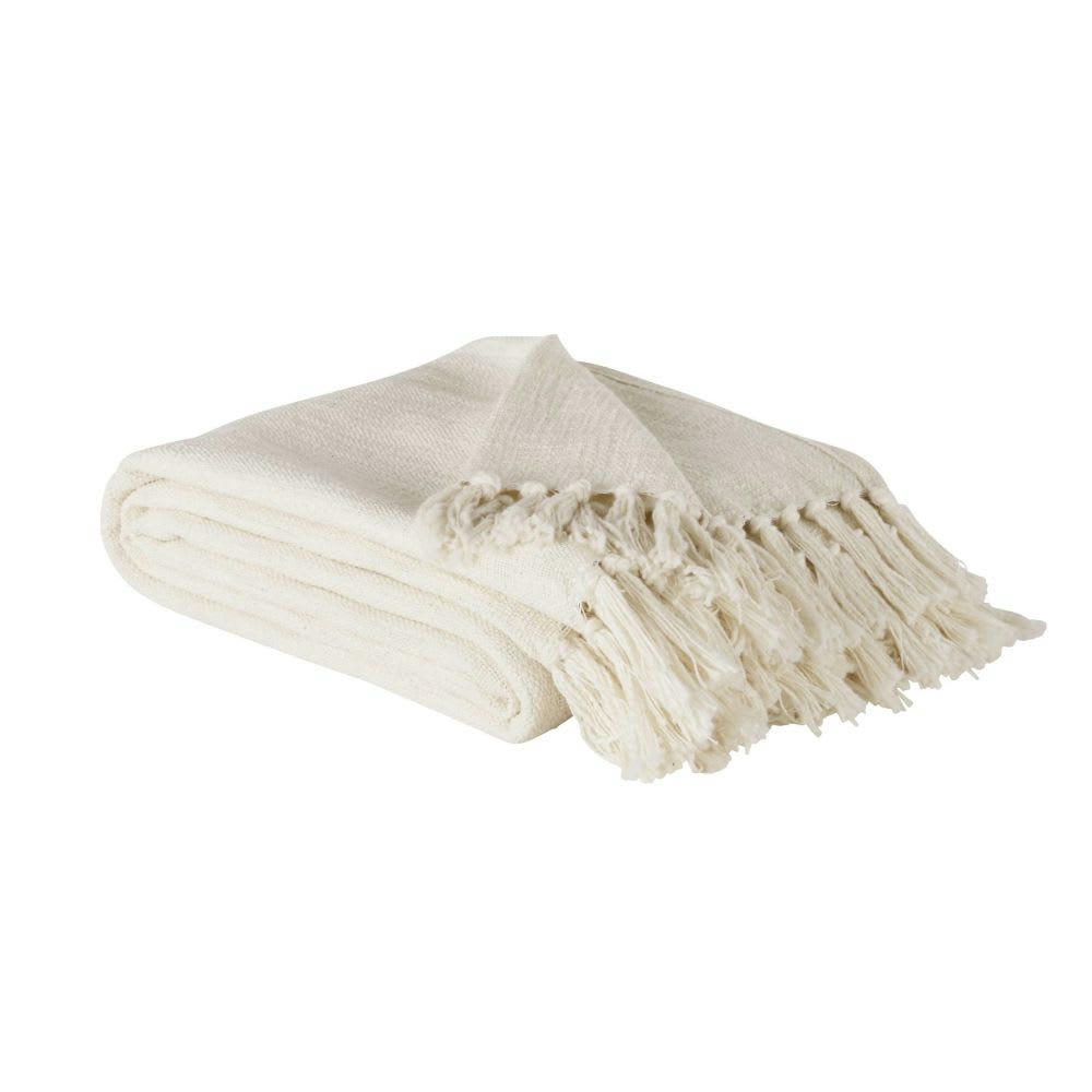 LIMANA - Plaid en coton recyclé écru avec pompons 160x210