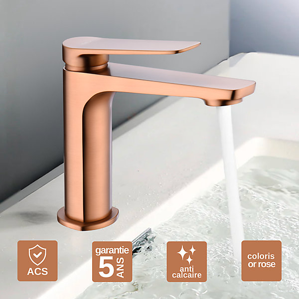 Mitigeur de Lavabo Anti-Calcaire Bec Bas Or Rose Cuivré IMEX NAPOLES BDN047-1ORC