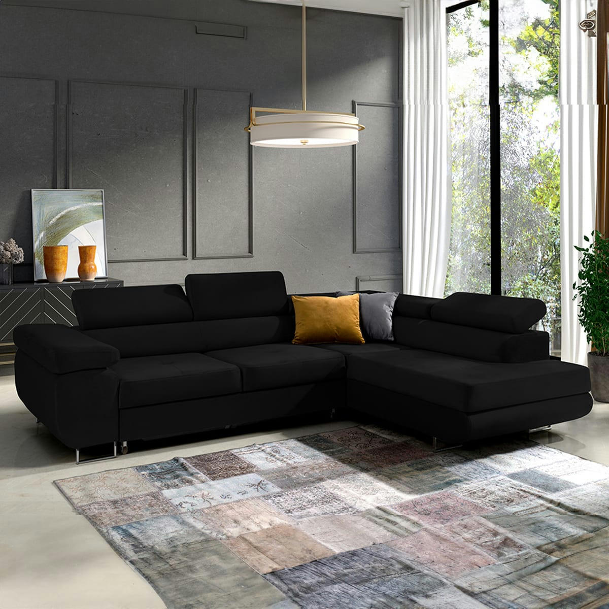 - Canapé d'angle convertible droit 4 places velours noir