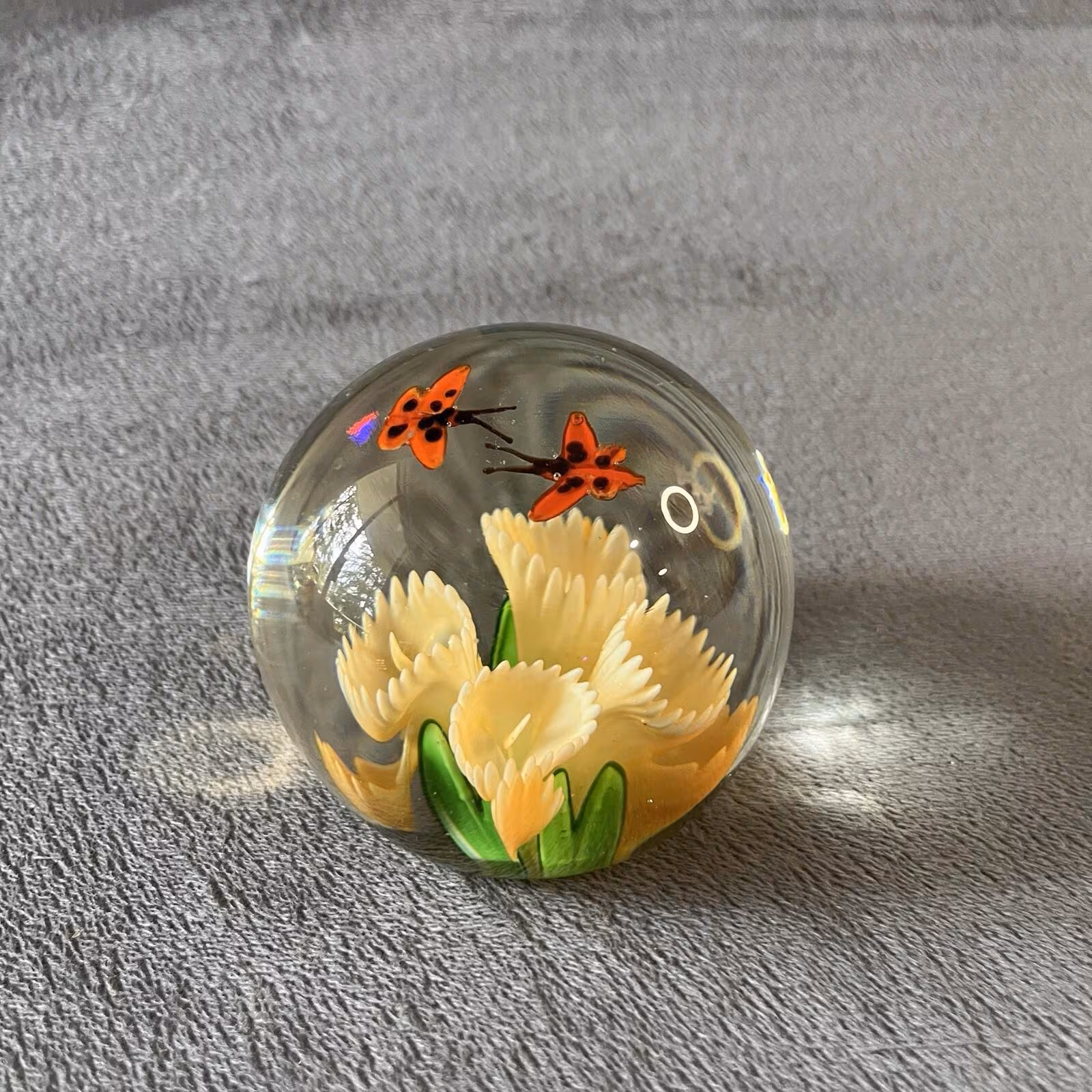 Dynasty Gallery Heirloom Collection Glass Paperweight Yellow Flowers Butterflies