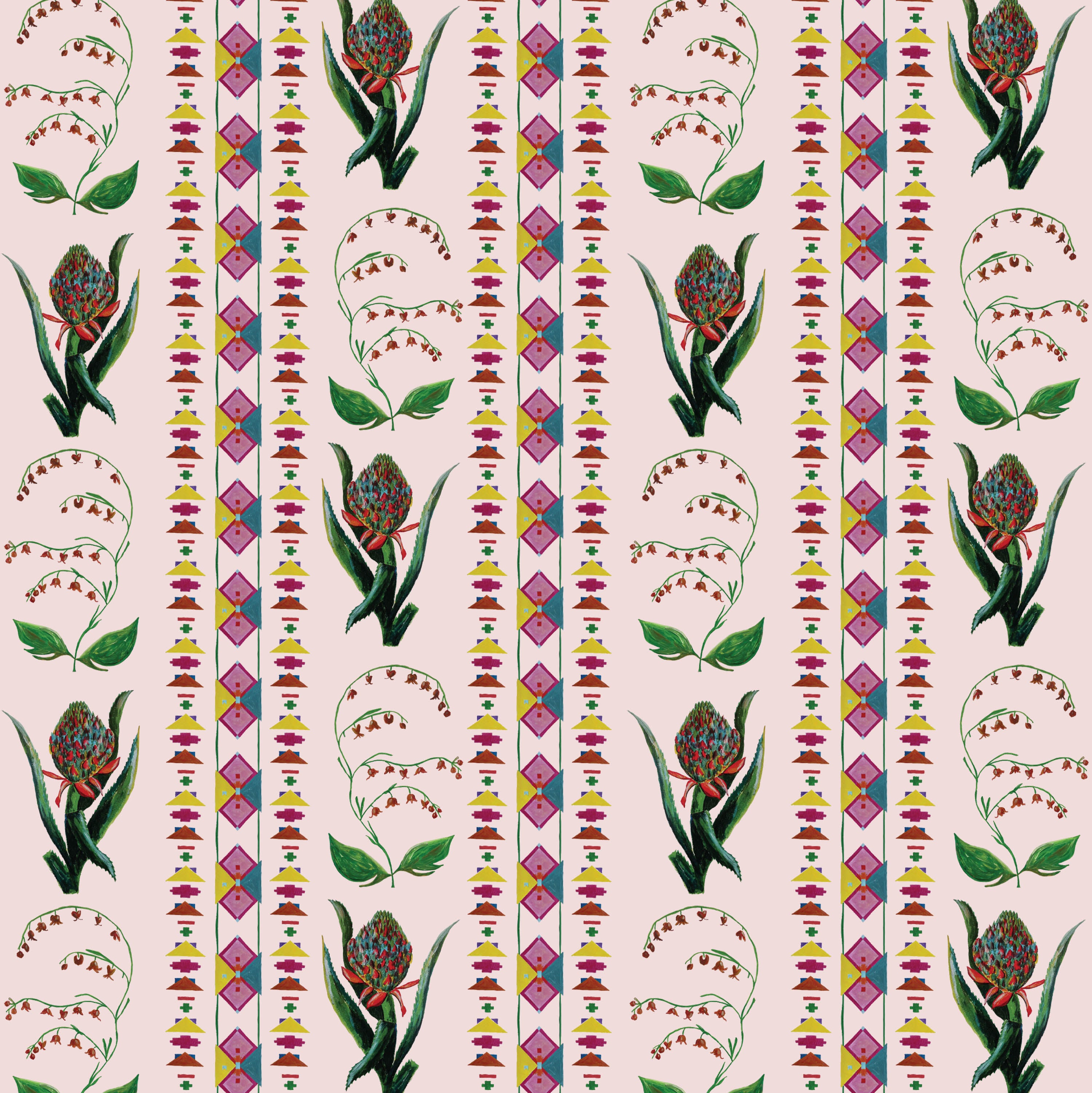 Behang Encanto Aztec Flowers pastel pink