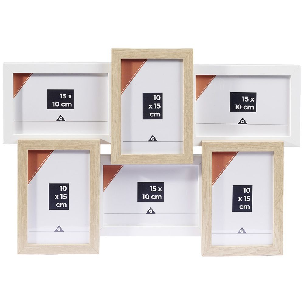 Pêle-mêle cadre bois beige et blanc 30.5x44.5cm 6 vues 10x15cm