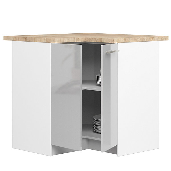 Meuble de cuisine sur pied : 2 portes, 2 étagères, blanc / métallisé brillant, 90 x 85 x 46 cm