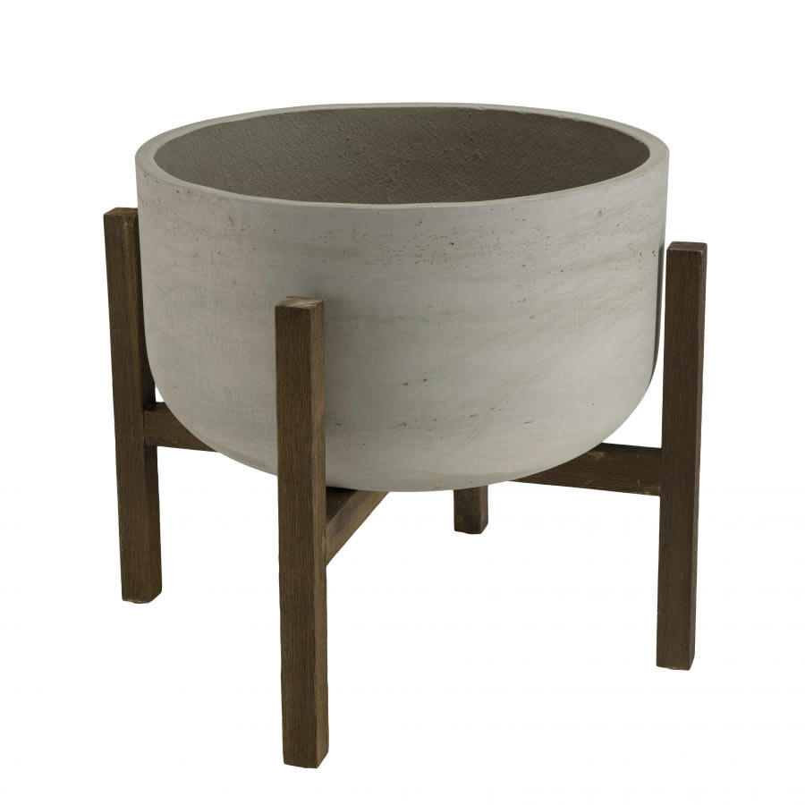 HANS - Pot de fleur rond en béton sur pieds en acacia marron