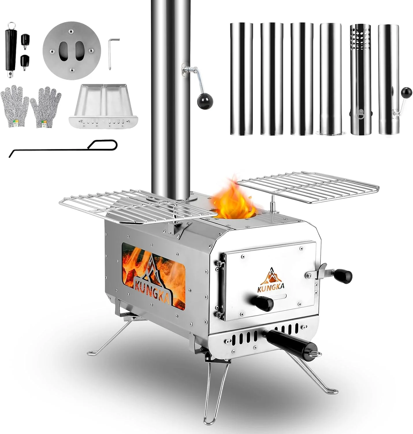 7.3ft Portable Stainless Steel Wood Burning Stove, 6 Chimney Pipes, for Outdoor Heating  Cooking