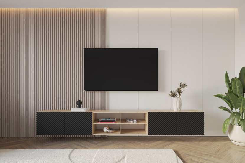Szafka RTV z frezowanymi frontami wisząca ZENO-W - 3x100x40x40 cm - Czarny